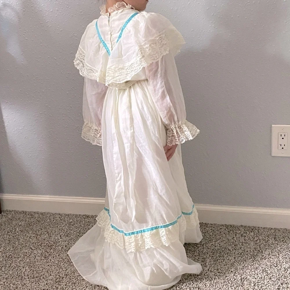Vintage White and Blue Ruffled Tiered Bridal Gown
